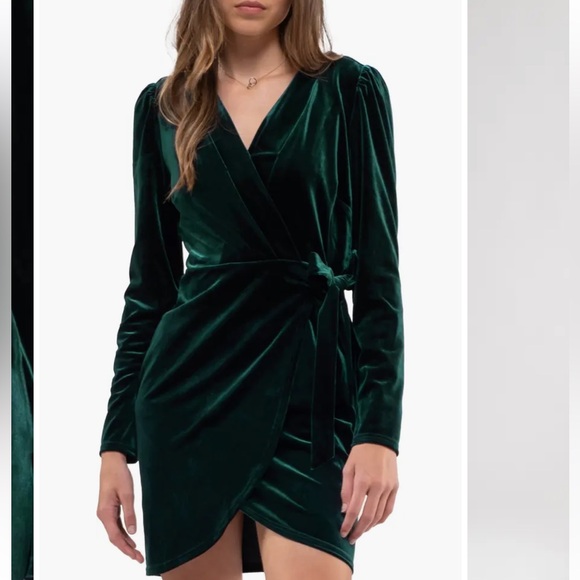 August Sky Women’s Long Sleeve Velvet Faux Wrap Mini Dress/Frock-M HunterGreen - Picture 4 of 7